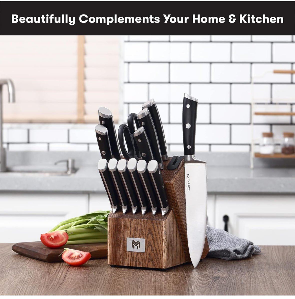 Master Maison 15 Pcs Premium Black/WoodProfessional Knife Set | German Stainless Steel Kitchen Knives With Dual Sharpener & Edge Guard Cover | Anti-Fatigue, Ergonomic, Full-Tang Triple-Riveted Handle
