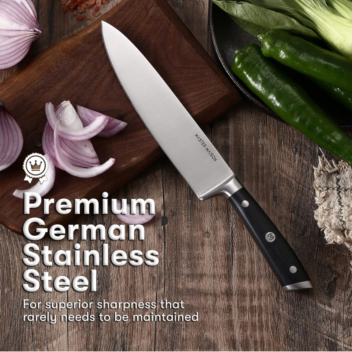 Master Maison 15 Pcs Premium Black/WoodProfessional Knife Set | German Stainless Steel Kitchen Knives With Dual Sharpener & Edge Guard Cover | Anti-Fatigue, Ergonomic, Full-Tang Triple-Riveted Handle