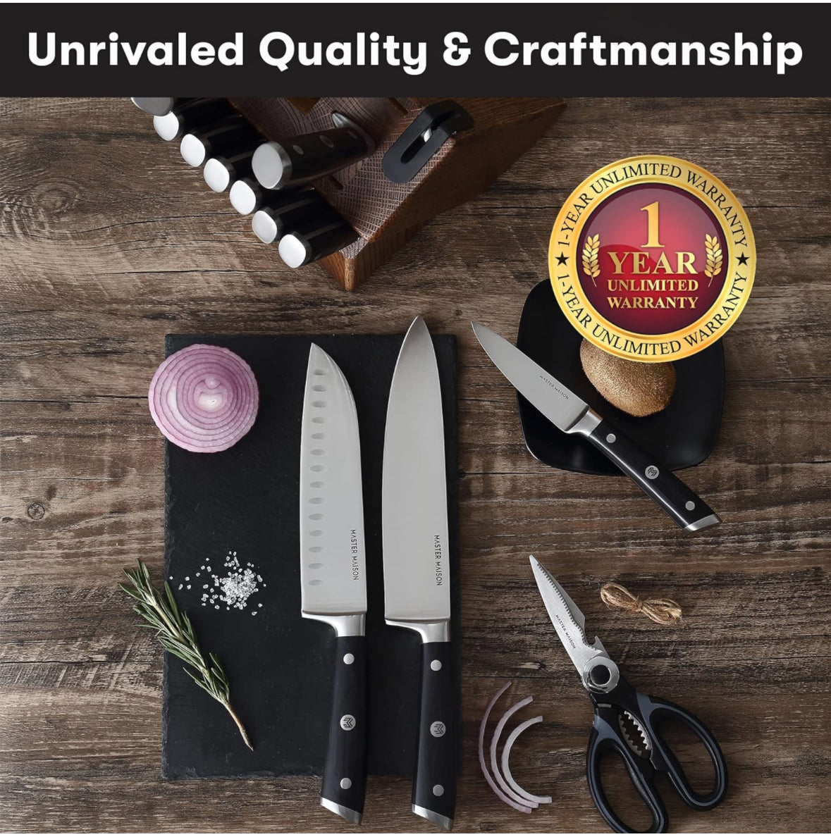 Master Maison 15 Pcs Premium Black/WoodProfessional Knife Set | German Stainless Steel Kitchen Knives With Dual Sharpener & Edge Guard Cover | Anti-Fatigue, Ergonomic, Full-Tang Triple-Riveted Handle