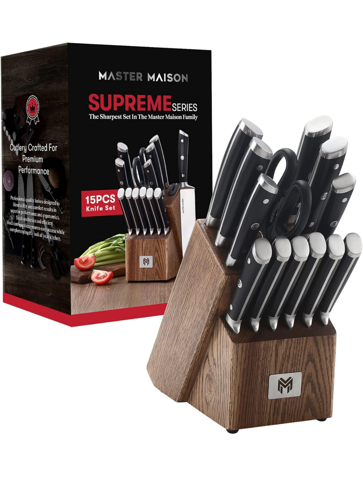 Master Maison 15 Pcs Premium Black/WoodProfessional Knife Set | German Stainless Steel Kitchen Knives With Dual Sharpener & Edge Guard Cover | Anti-Fatigue, Ergonomic, Full-Tang Triple-Riveted Handle