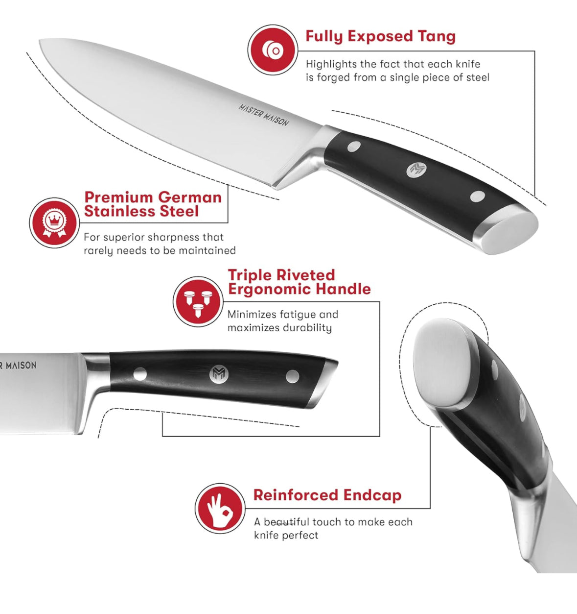 Master Maison 15 Pcs Premium Black/WoodProfessional Knife Set | German Stainless Steel Kitchen Knives With Dual Sharpener & Edge Guard Cover | Anti-Fatigue, Ergonomic, Full-Tang Triple-Riveted Handle